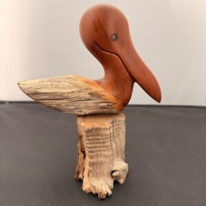 Vintage Mendoza Hand Carved Pelican Wood Sculpture Figurine Signed